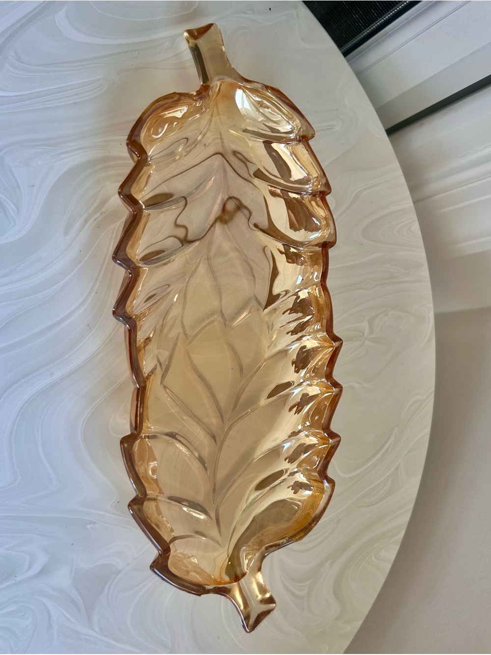 Jeannette Glass Double Leaf Carnival Marigold Relish Celery Candy Dish w handle